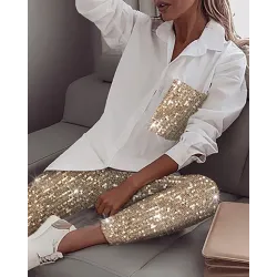 T-shirt manches longues paillettes brillante - set