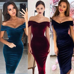 Fashionable velvet dress - off shouldersDresses