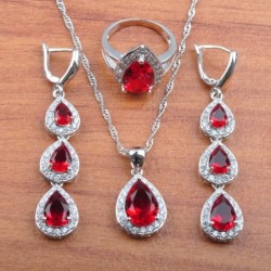 Exclusive jewellery set - necklace - earrings - ring - red cubic zirconia - 925 sterling silverJewellery Sets