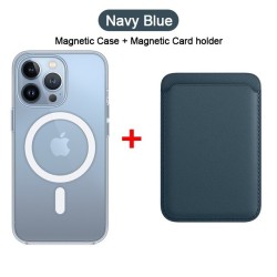 Magsafe wireless charging - transparent magnetic case - magnetic leather card holder - for iPhone - dark blueProtection