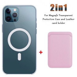 Magsafe wireless charging - transparent magnetic case - magnetic leather card holder - for iPhone - pinkProtection