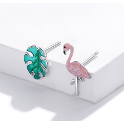 925 sterling silver earrings - pink flamingo / green leafEarrings