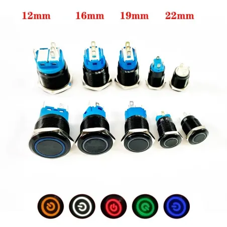 Interrupteur bouton poussoir noir LED - étanche - fixe autobloquant - 12mm / 16mm / 19mm / 22mm - 5V / 12V / 220V