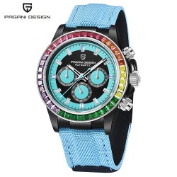 PAGANI DESIGN - mechanical sports watch - chronograph - rainbow bezel - leather strap - blue