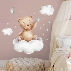 Sticker mural dessin animé - papier peint chambre enfant - ours / lune / nuages / étoiles