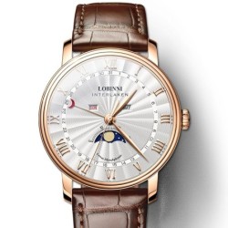 LOBINNI - montre à quartz de luxe - phase de lune - étanche - bracelet en cuir - blanc / marron