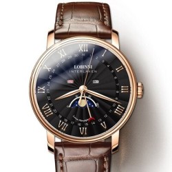 LOBINNI - montre à quartz de luxe - phase de lune - étanche - bracelet en cuir - noir / marron