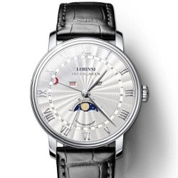 LOBINNI - montre à quartz de luxe - phase de lune - étanche - bracelet en cuir - noir / blanc