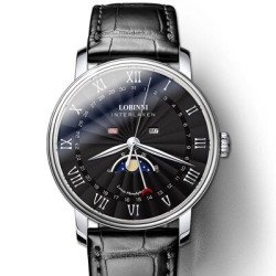 copy of LOBINNI - montre à quartz de luxe - phase de lune - étanche - bracelet en cuir - noir / blanc