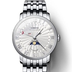 copy of LOBINNI - montre à quartz de luxe - phase de lune - étanche - acier inoxydable - argent / noir
