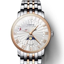 copy of LOBINNI - montre à quartz de luxe - phase de lune - étanche - acier inoxydable - argent / blanc