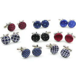 Boutons de manchette argent ronds classiques - pois polyester / motif carreaux