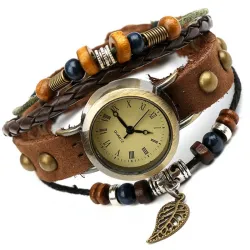 Bracelet en cuir multicouche vintage - avec montre à quartz / perles