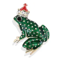 Grenouille verte avec couronne de cristal - broche
