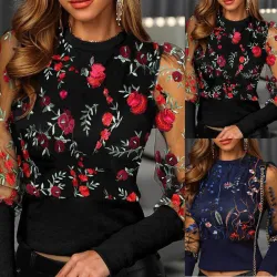 Blouse florale brodée - avec manches longues transparentes