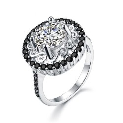 Elegant silver ring - hollow out flower - white / black crystalsRings