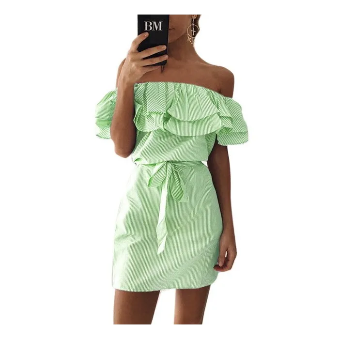 Off shoulders strapless striped ruffles mini dressDresses