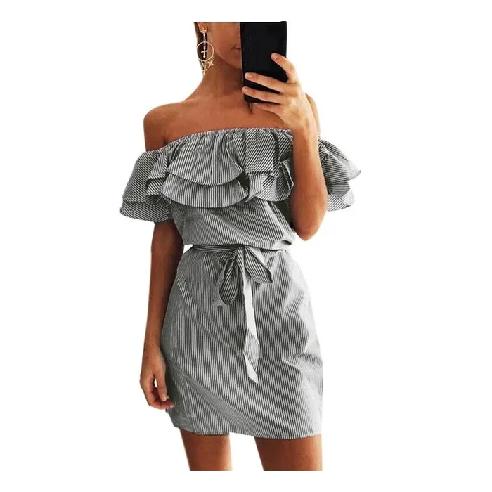 Off shoulders strapless striped ruffles mini dressDresses