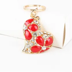 Coeur en cristal avec fleurs rouges - porte-clés
